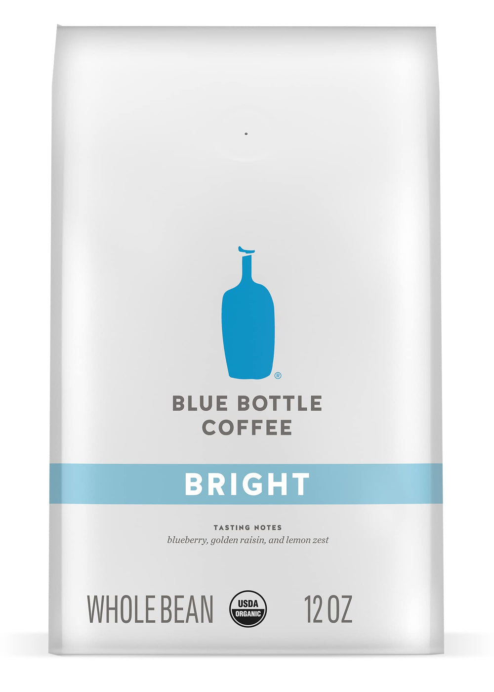 Blue Bottle Bright coffee bag with 12 oz of whole beans for home brewing