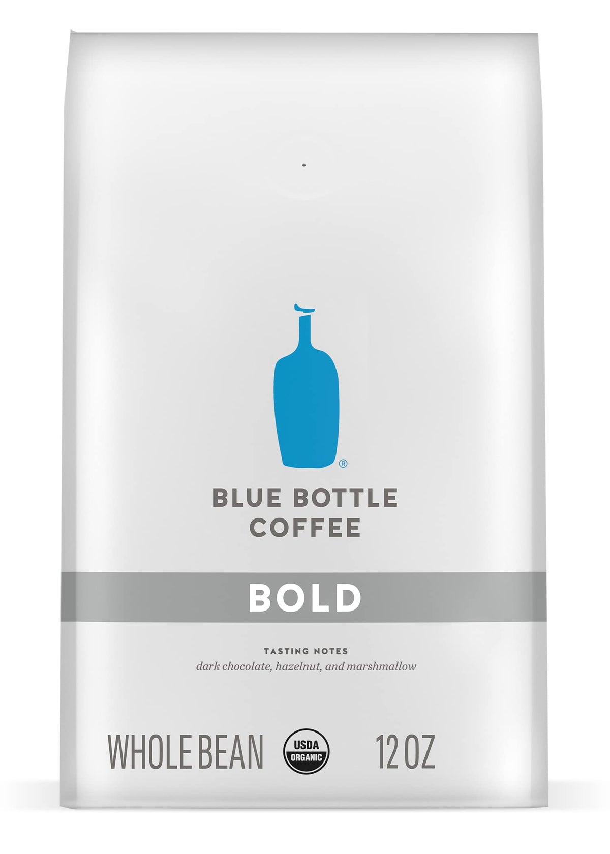 Blue Bottle Bold coffee beans in a bag, rich aroma for mornings.