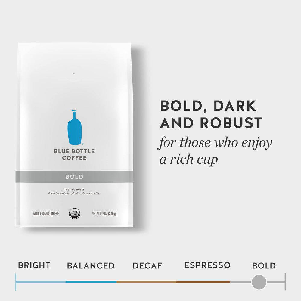 Blue Bottle Bold packaging shows a 12 oz bag, fresh-roasted quality.