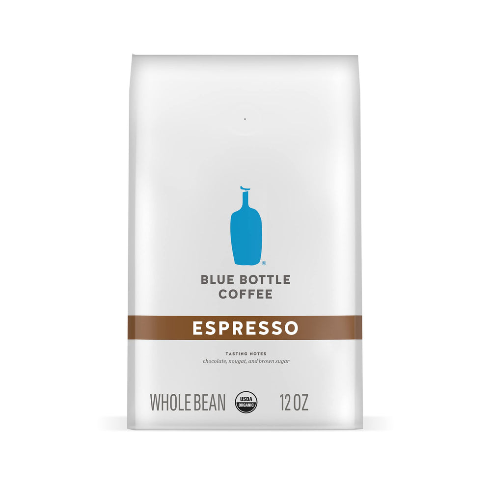 Blue Bottle Espresso Dark Roast bag, rich aroma ideal for bold espresso.