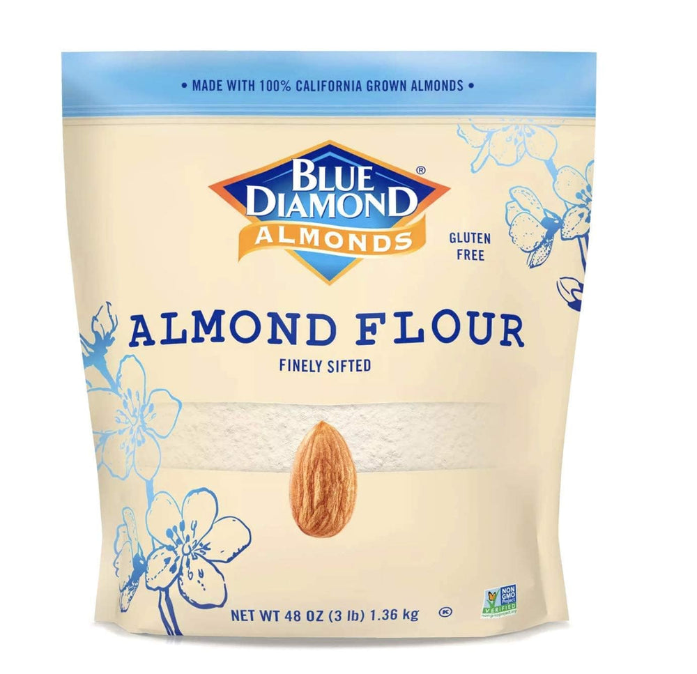 Blue Diamond Almond Flour bag close-up, gluten-free baking staple.
