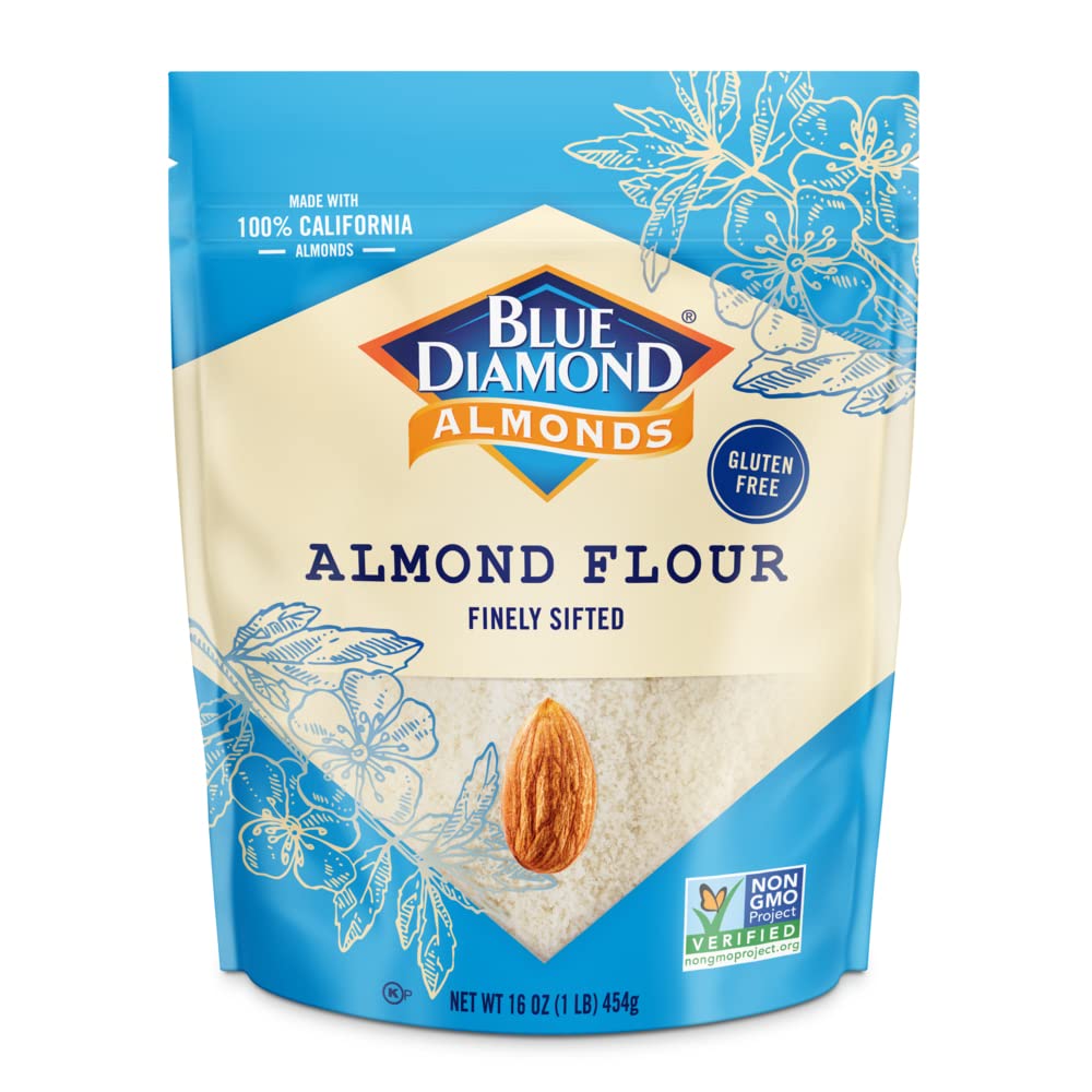 Blue Diamond Almond Flour bag front shows gluten-free baking staple for recipes.