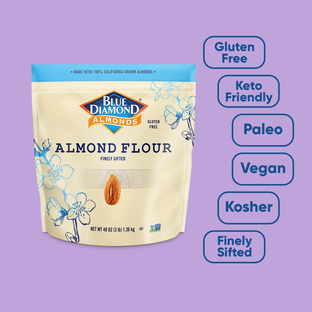 Blue Diamond Almond Flour baking bowl with flour dusting, even textures.