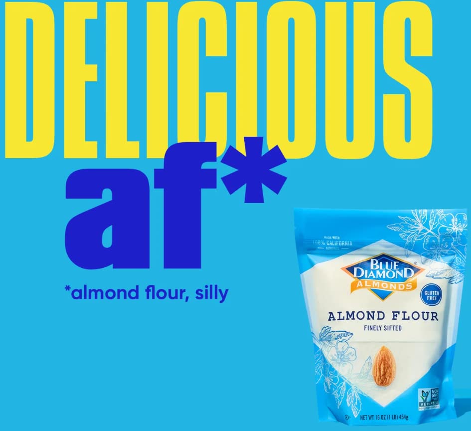 Blue Diamond Almond Flour kitchen shelf in tidy pantry.