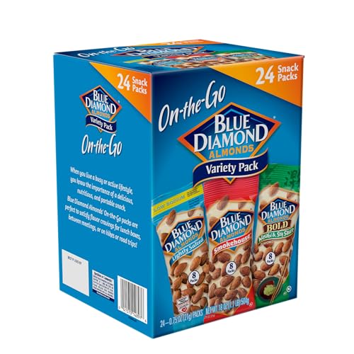 Blue Diamond Almonds 24-pack carton on shelf showing value
