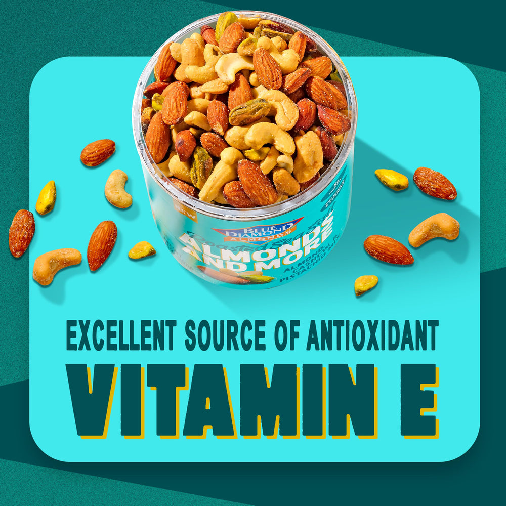 Blue Diamond Almonds almonds close-up emphasizes protein-rich crunch.