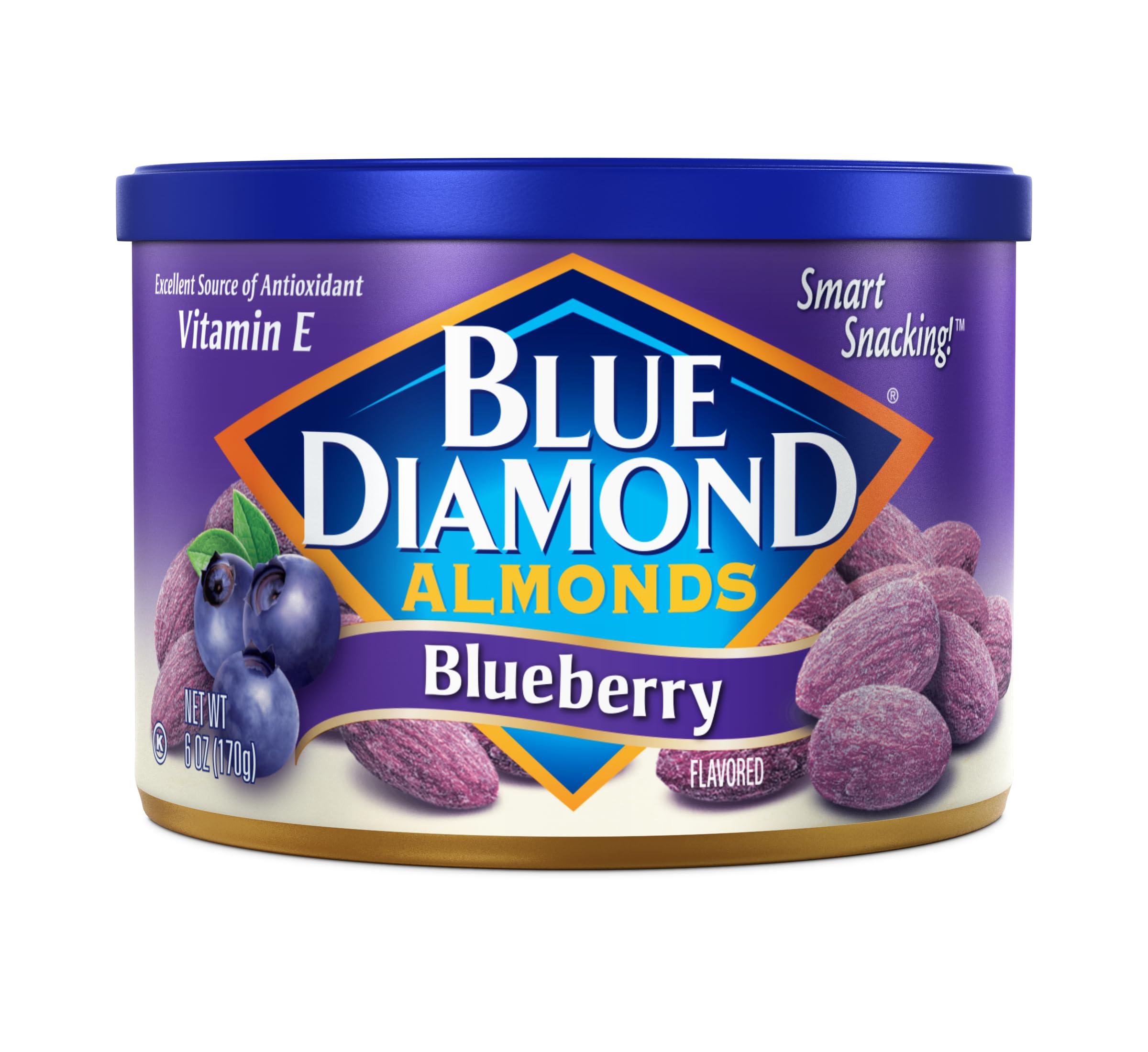 Blue Diamond Almonds blueberry flavor can front, gluten-free snack with antioxidants.