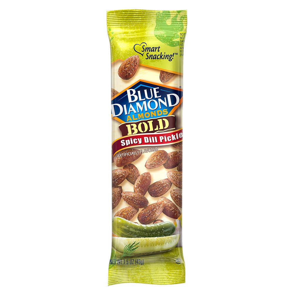 Blue Diamond almonds bold spicy dill pickle snack tube—perfect on-the-go crunch.