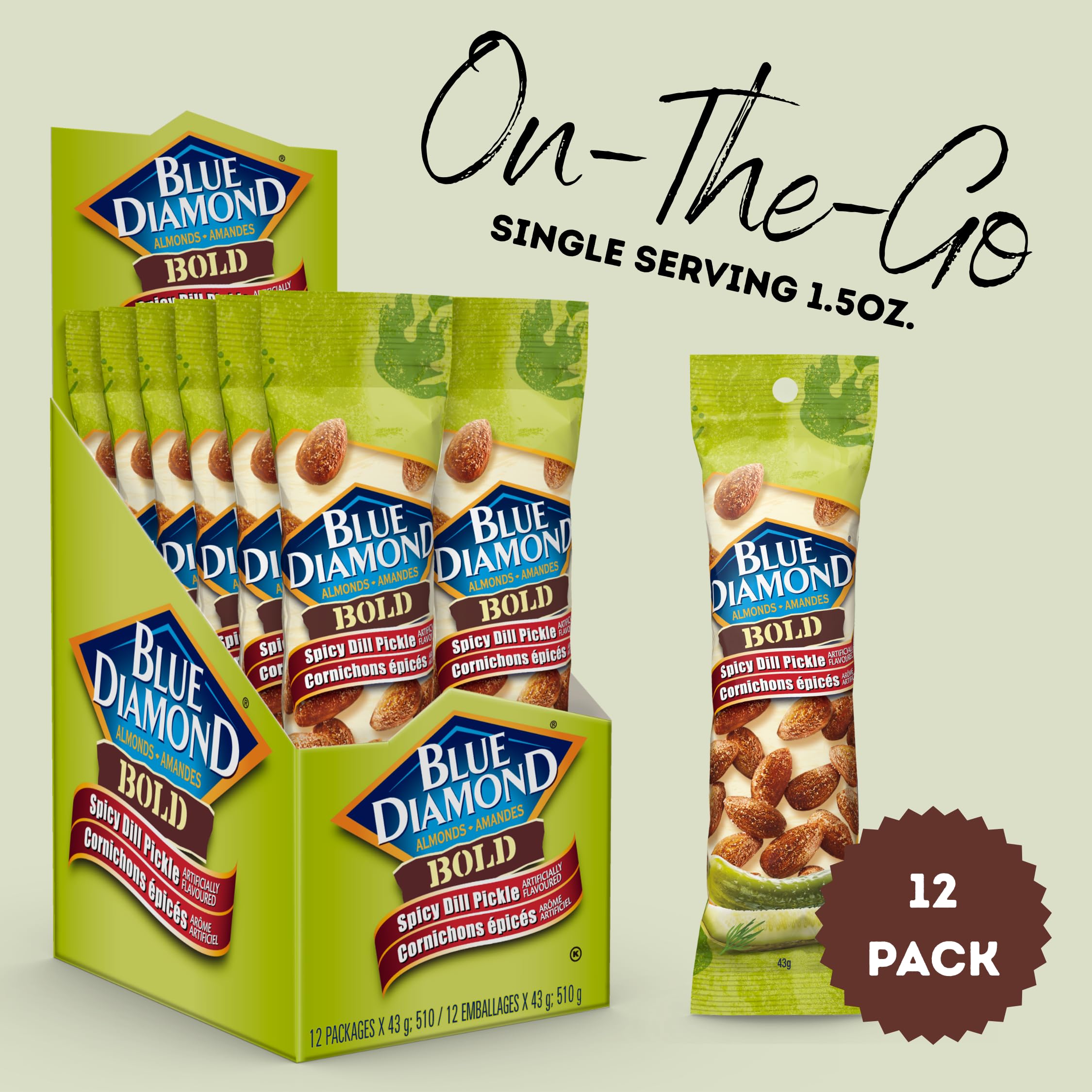 Bold spicy dill pickle almonds from Blue Diamond shown in a snack tube for travel.