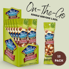 Bold spicy dill pickle almonds from Blue Diamond shown in a snack tube for travel.