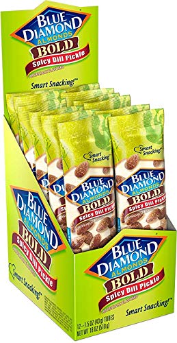 Spicy dill pickle Blue Diamond almonds, ready-to-eat in portable snack tubes.