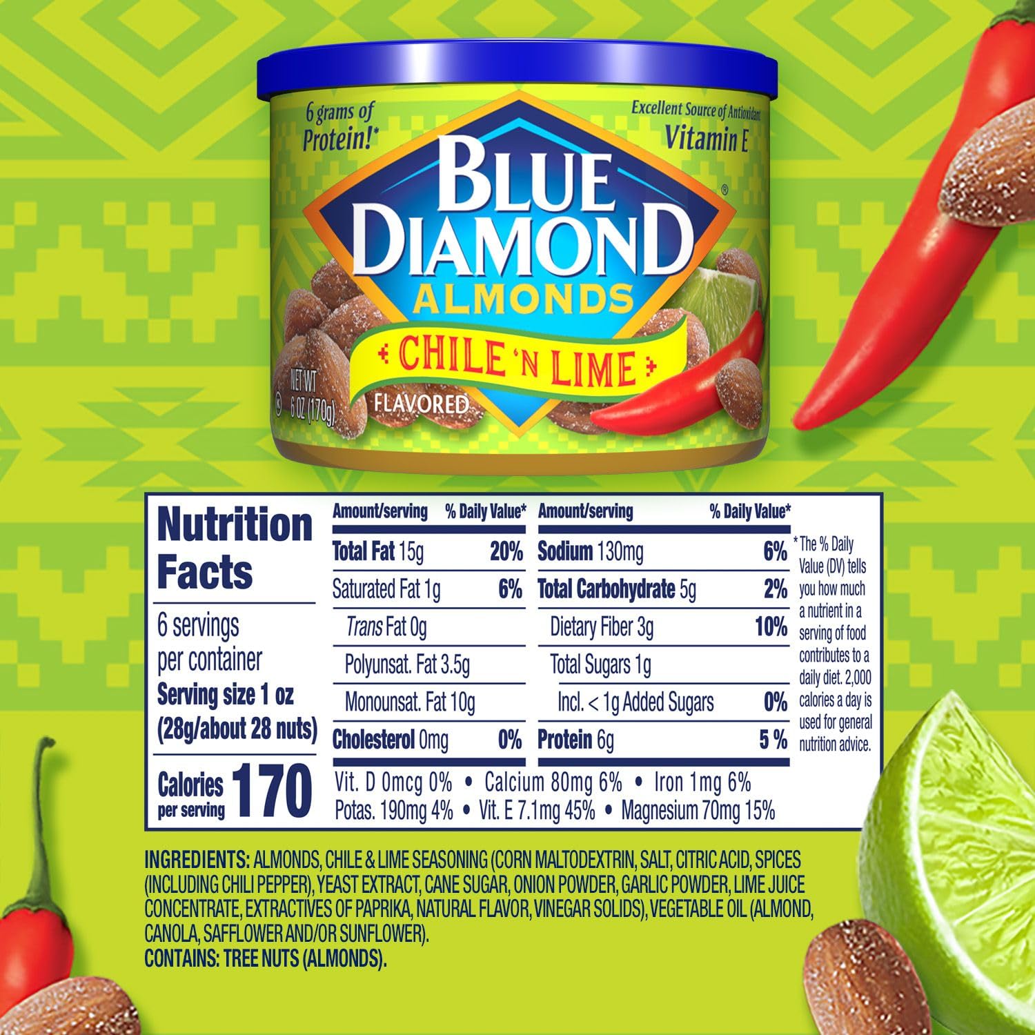 Blue Diamond almonds with chile lime coating for crave-worthy crunch and flavor.
