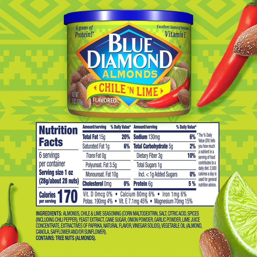 Blue Diamond almonds with chile lime coating for crave-worthy crunch and flavor.