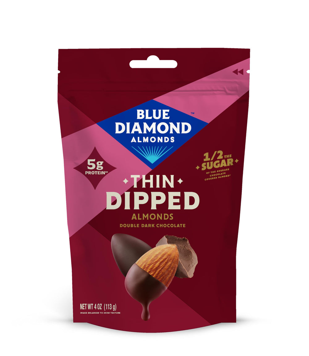 Blue Diamond almonds dark chocolate dipped bag front, satisfying snack with half the sugar