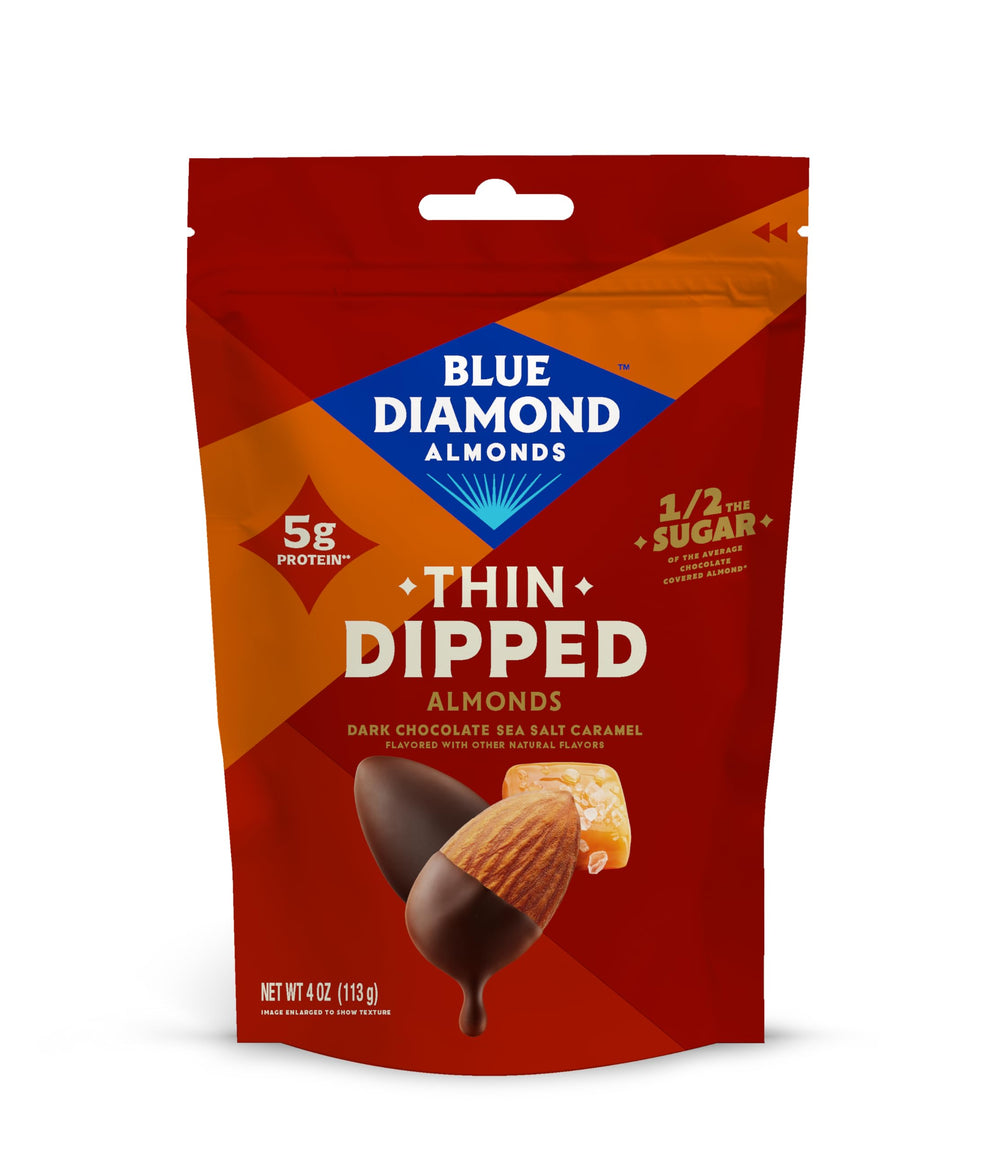 Blue Diamond Almonds dark chocolate sea salt caramel thin dipped snack
