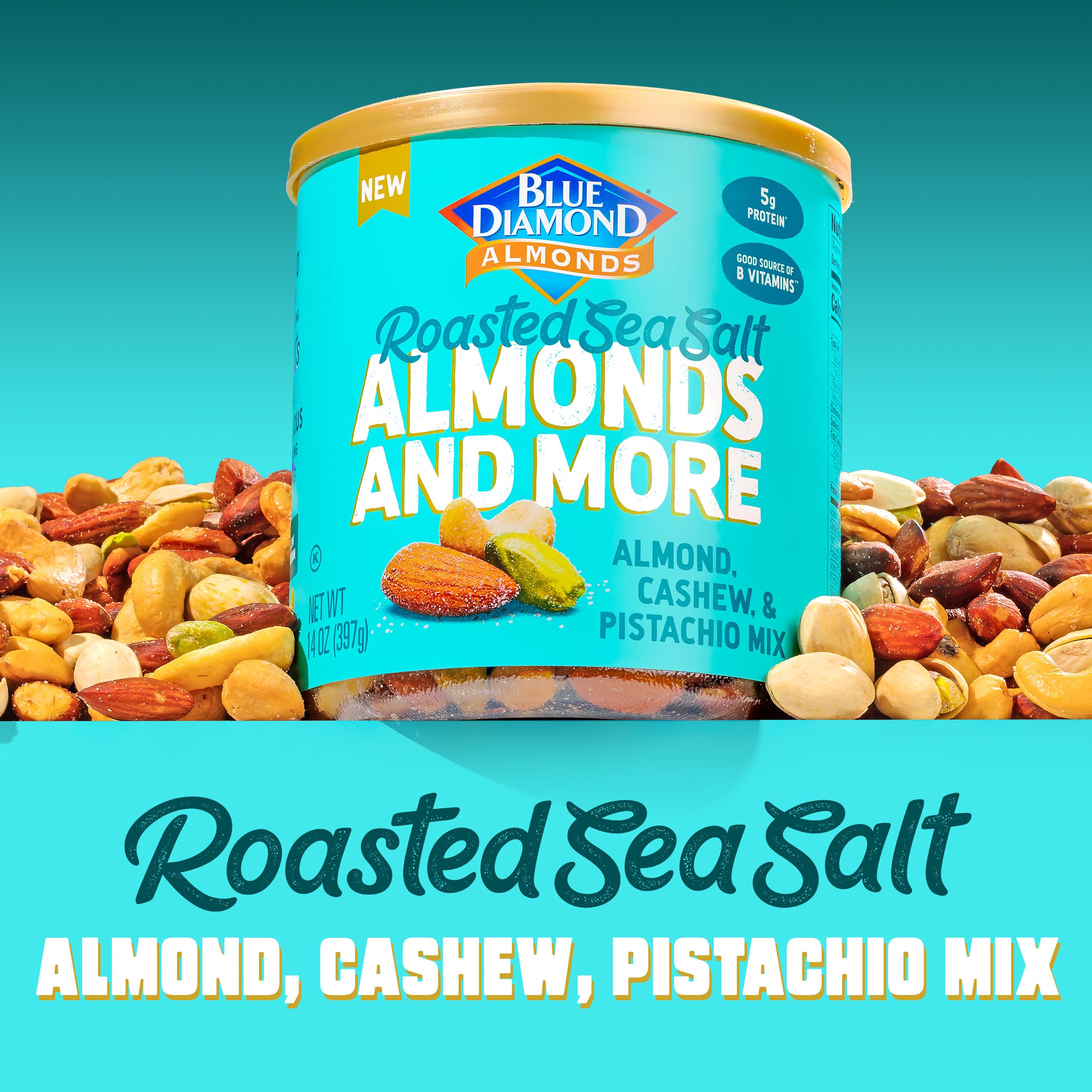 Blue Diamond Almonds deluxe can front view highlighting gleaming roasted nuts.