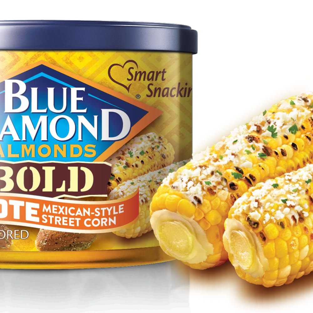 Spice dust on Blue Diamond Almonds Elote Street Corn almonds for zesty bite.