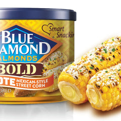 Spice dust on Blue Diamond Almonds Elote Street Corn almonds for zesty bite.