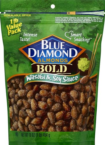 Blue Diamond Wasabi & Soy glaze coats almonds with a bold, savory sheen for flavor enthusiasts.