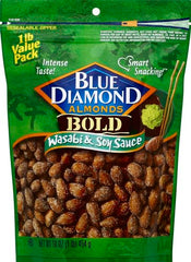 Blue Diamond Wasabi & Soy glaze coats almonds with a bold, savory sheen for flavor enthusiasts.