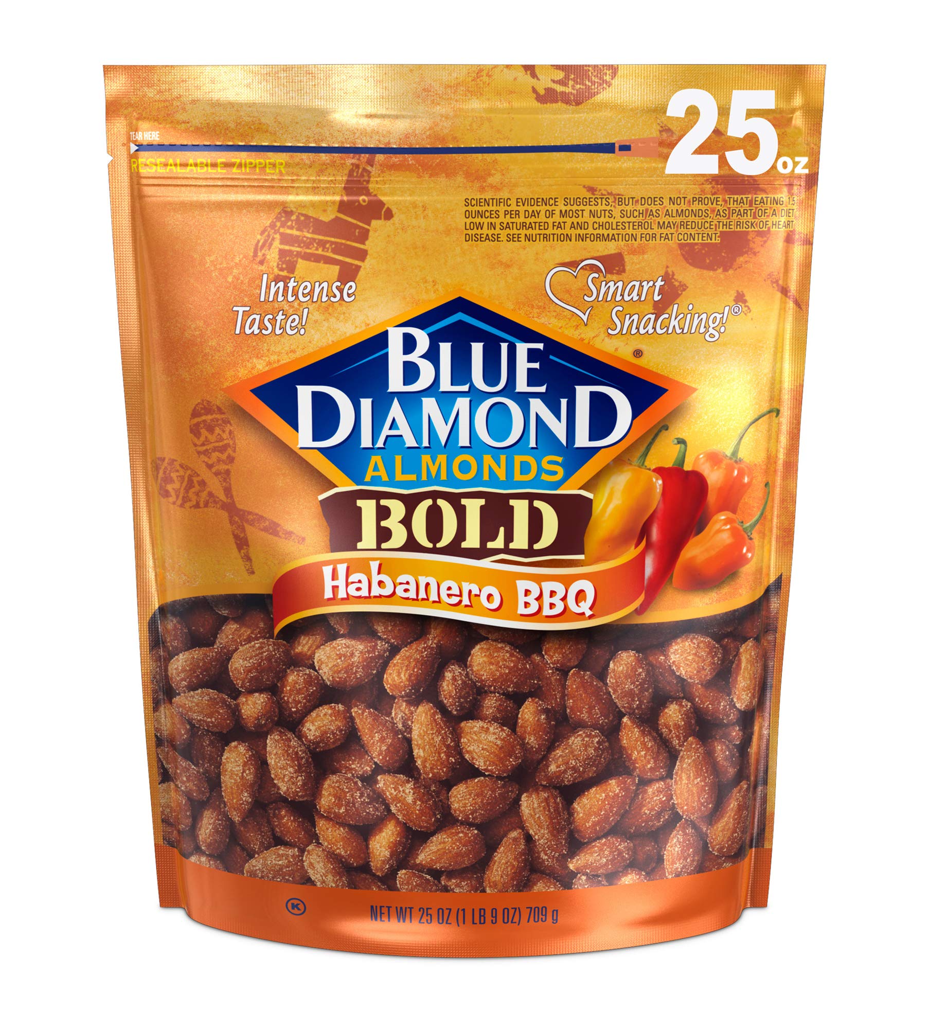 Blue Diamond Almonds Habanero BBQ bag showing bold spicy coating for snacking.
