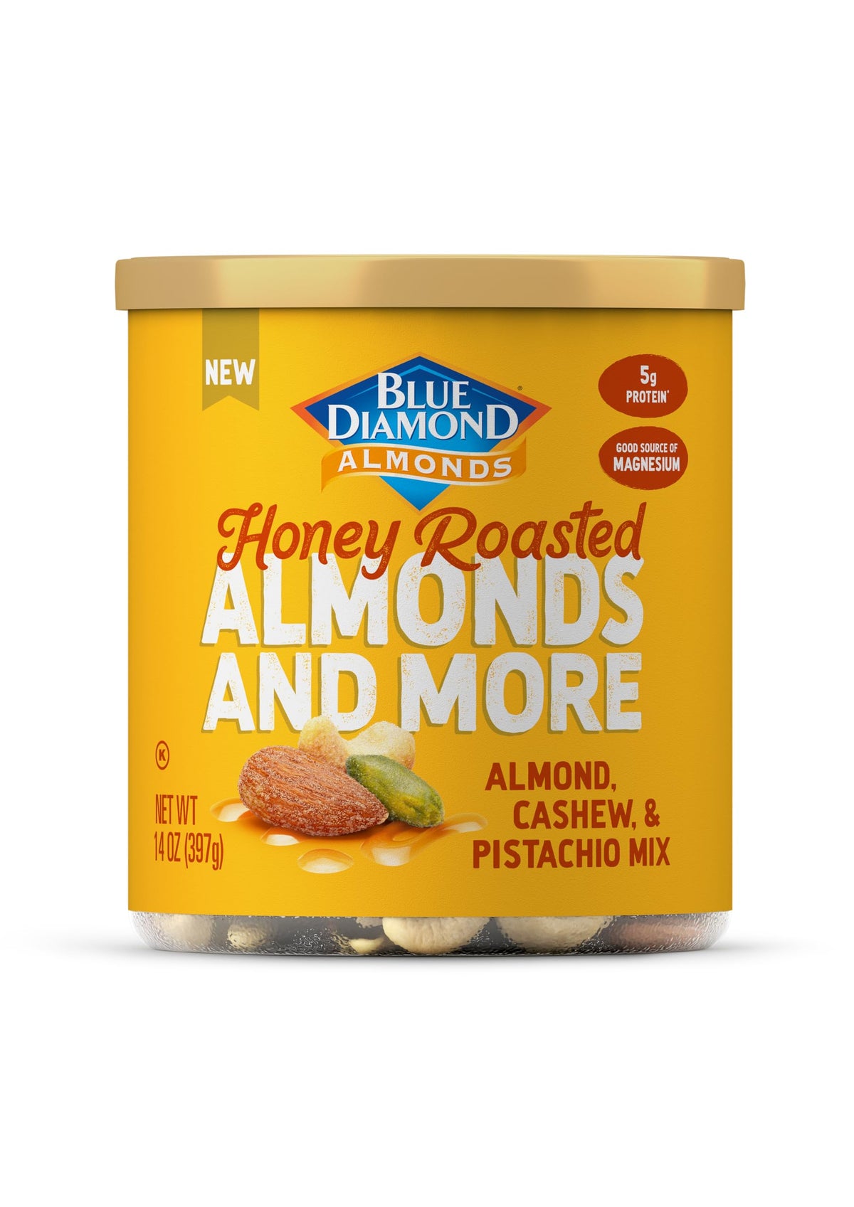Blue Diamond Almonds Honey Roasted Deluxe can closeup highlights convenient on-the-go snack
