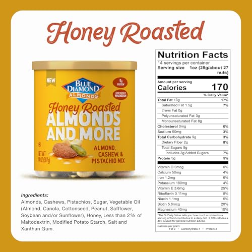 Blue Diamond Almonds honey roasted deluxe mix spoon suggests quick, crunchy office snack