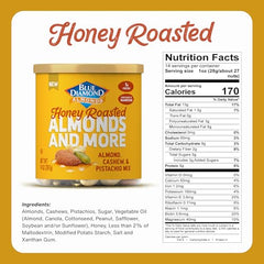 Blue Diamond Almonds honey roasted deluxe mix spoon suggests quick, crunchy office snack