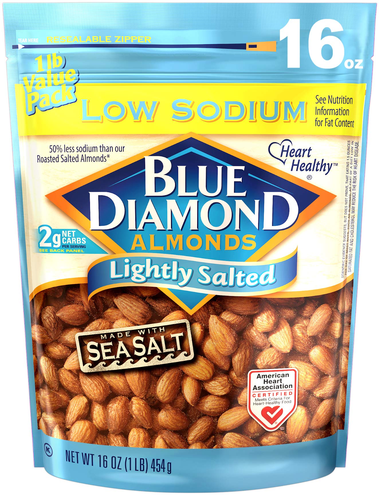 Blue Diamond Almonds low-sodium bag showing a flavorful, wholesome snack.
