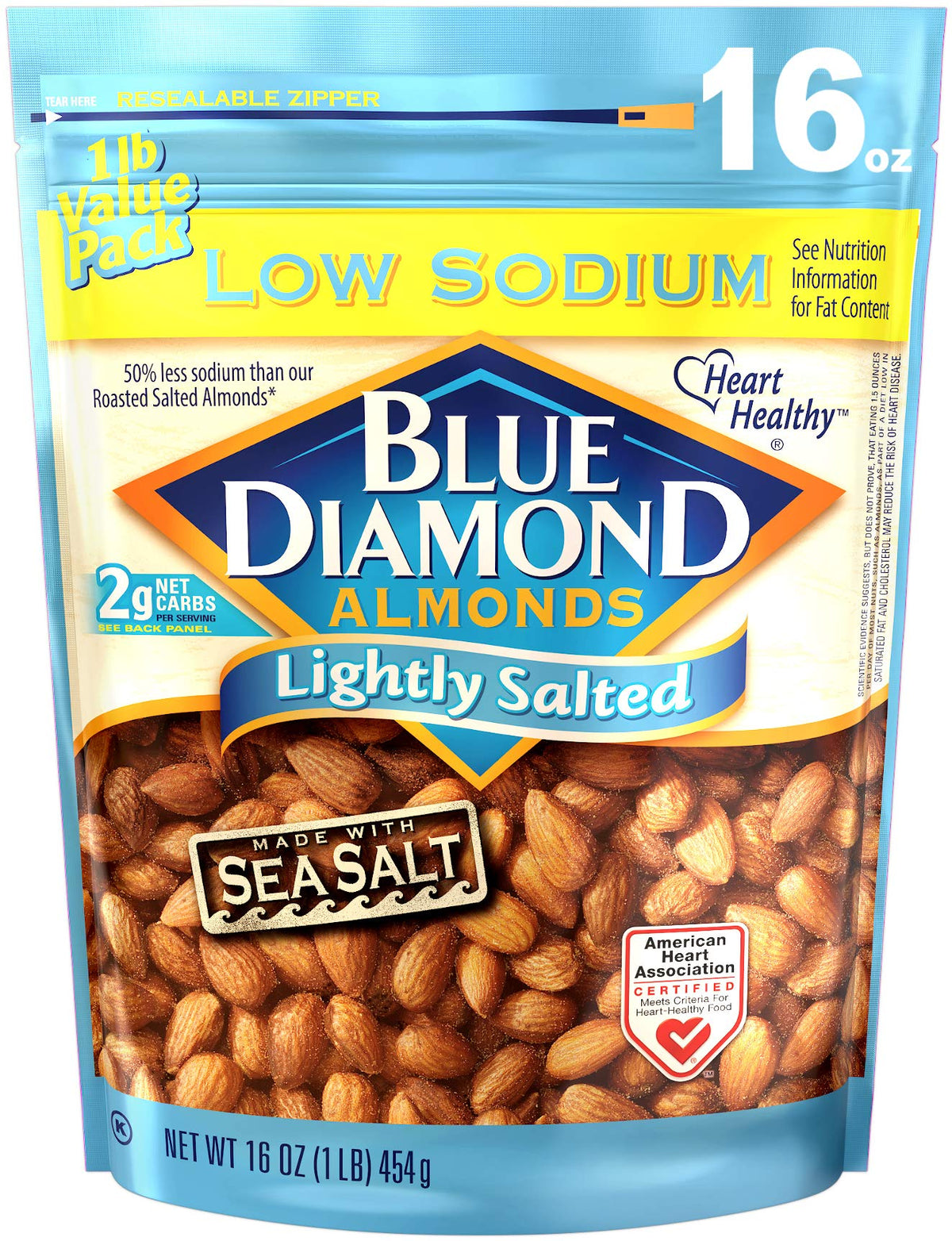 Blue Diamond Almonds low-sodium bag showing a flavorful, wholesome snack.