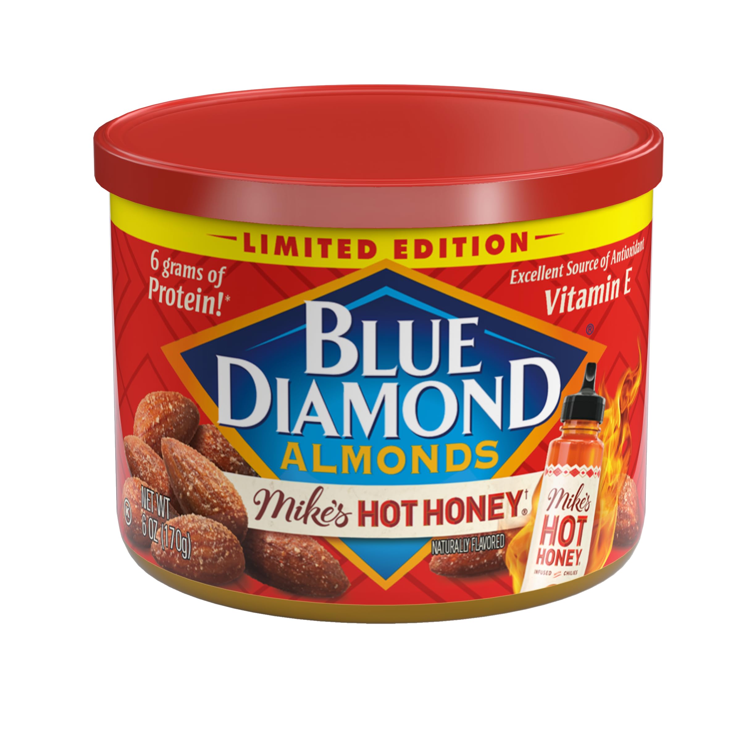 Blue Diamond Almonds Mike’s Hot Honey can front, perfect on-the-go snack.