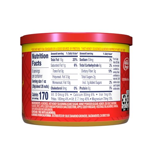 Blue Diamond Almonds Mike’s Hot Honey can side view, convenient protein boost.