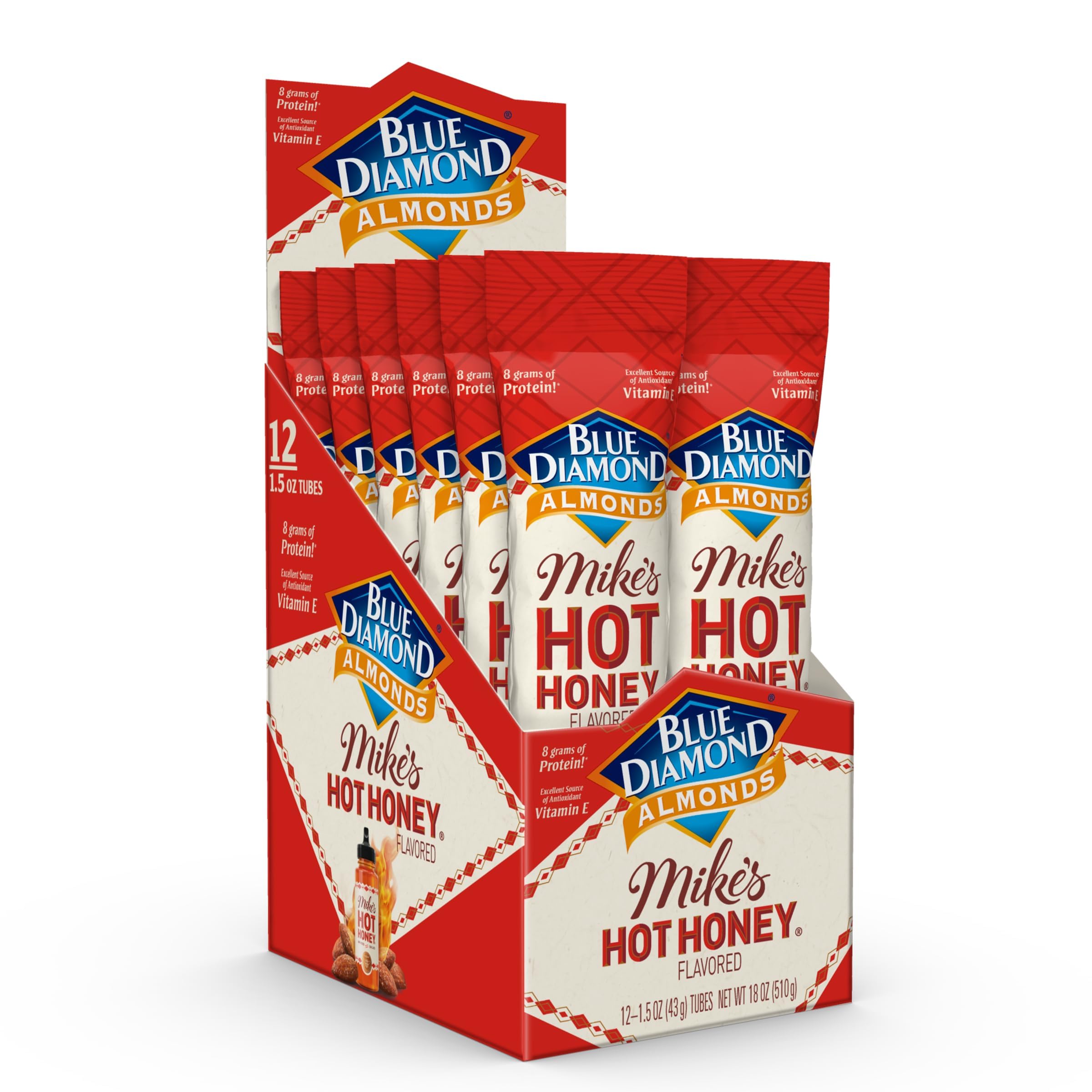 Blue Diamond Almonds with Mike's Hot Honey in a 12-pack, spicy-sweet snack option.