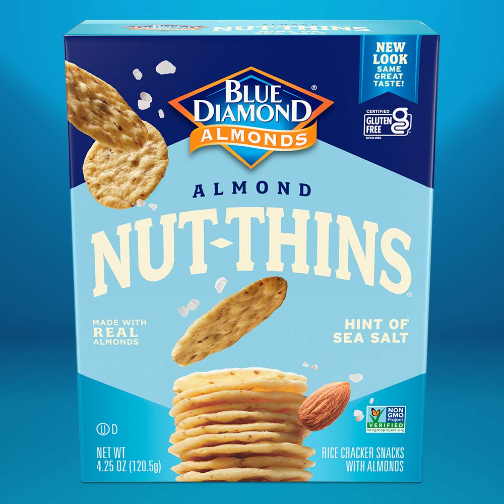 Blue Diamond Almonds Nut Thins texture closeup highlights crunchy, light cracker.