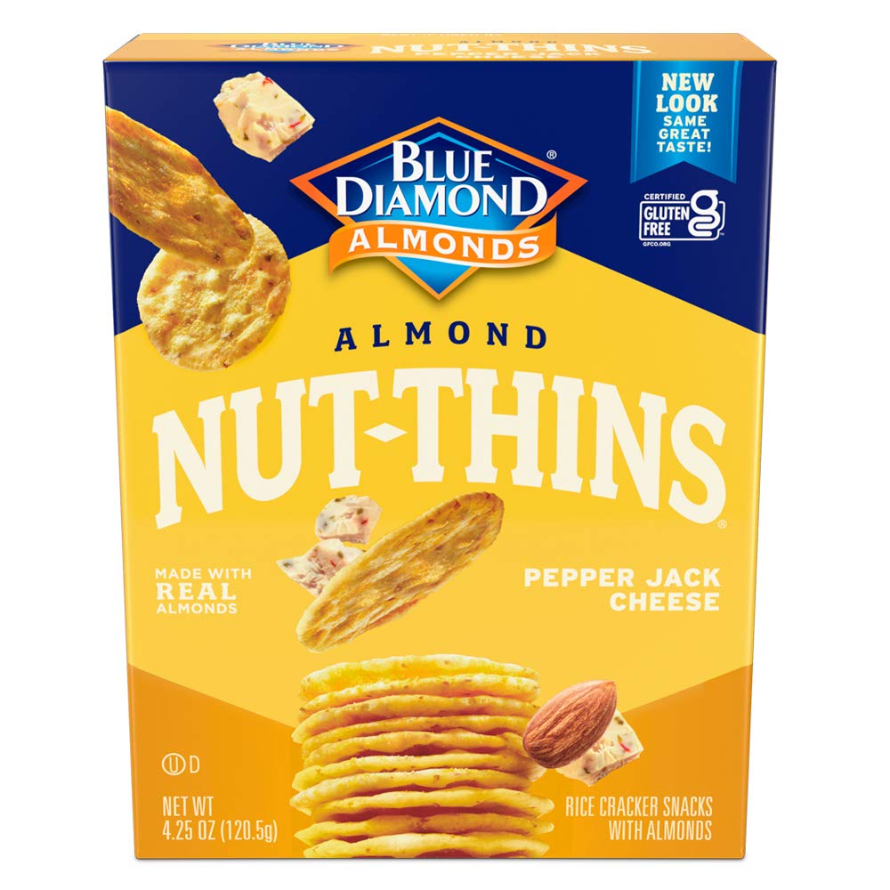 Blue Diamond Almonds Nut Thins Pepper Jack front package showing gluten-free option