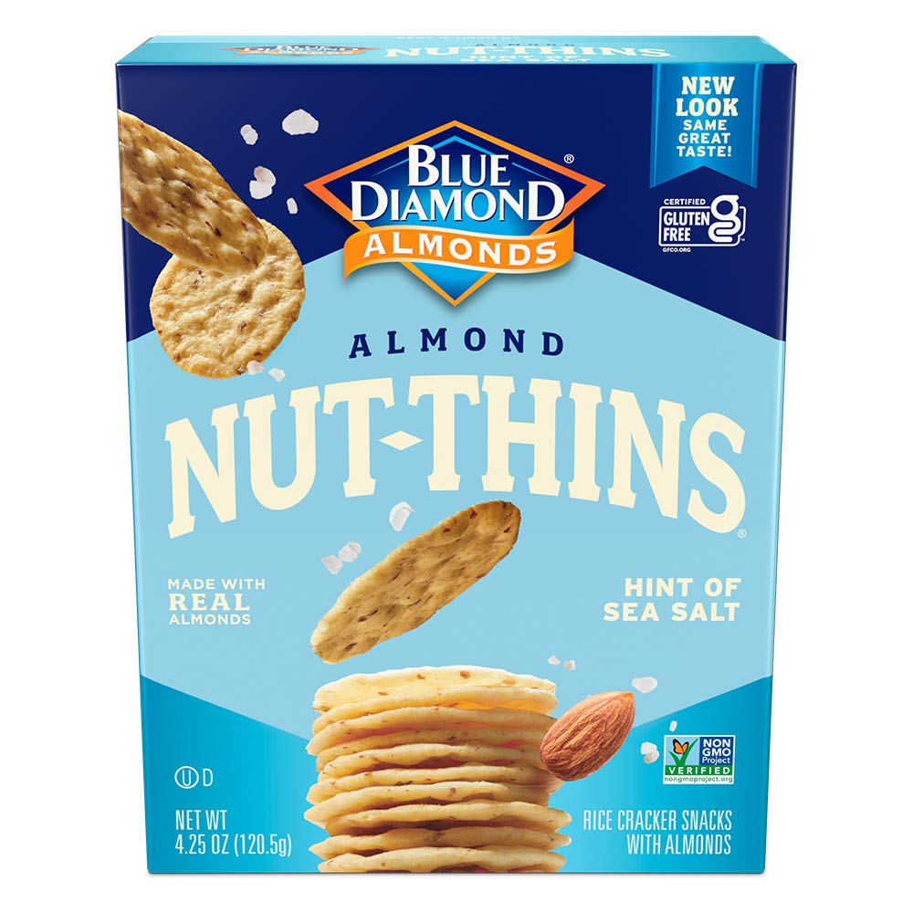 Blue Diamond Almonds Nut Thins sea salt pack front, gluten-free snacking ready.