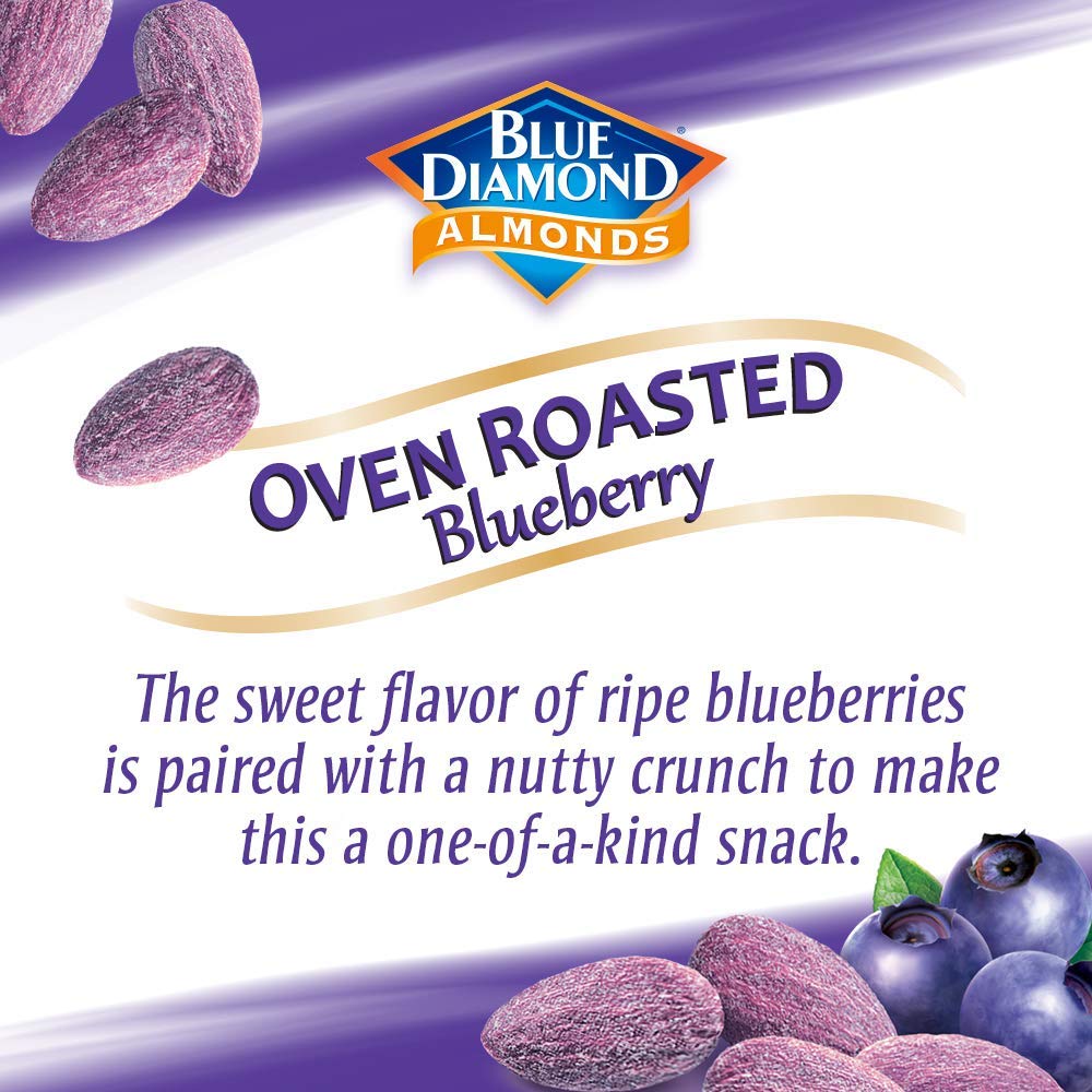 Blue Diamond Almonds nutrition card shows vitamin E and fiber.