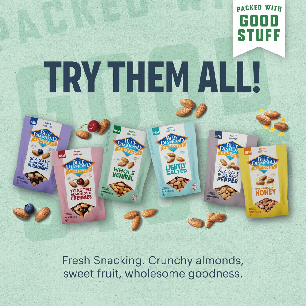 Blue Diamond almonds in a resealable pouch for on-the-go snacking.