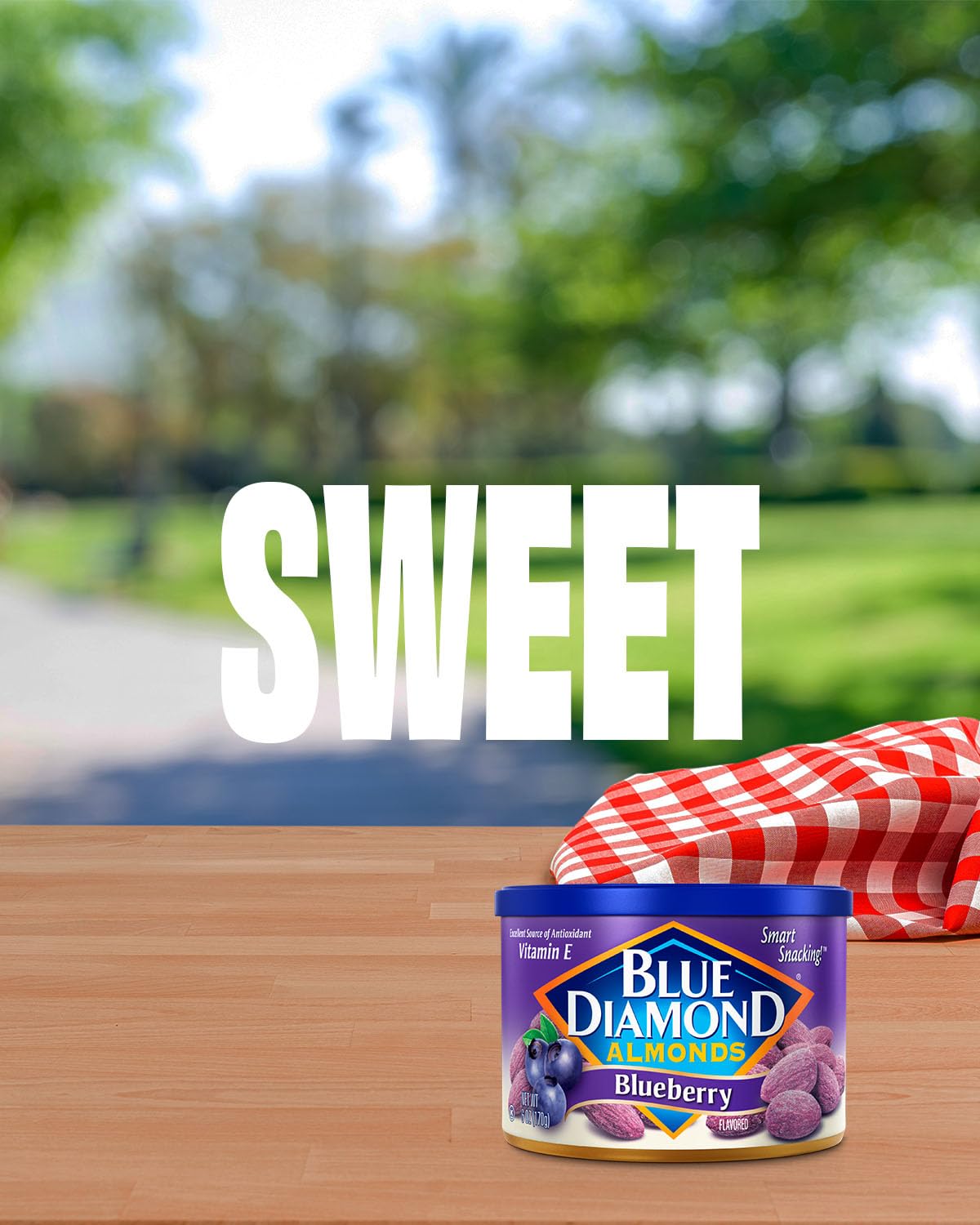 Blue Diamond almonds on-the-go pack in bag, easy travel snack.