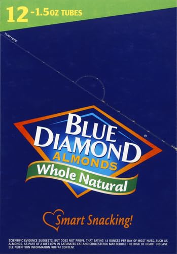 Blue Diamond Almonds packaging closeup highlights all-natural flavor and absence of artificial ingredients.