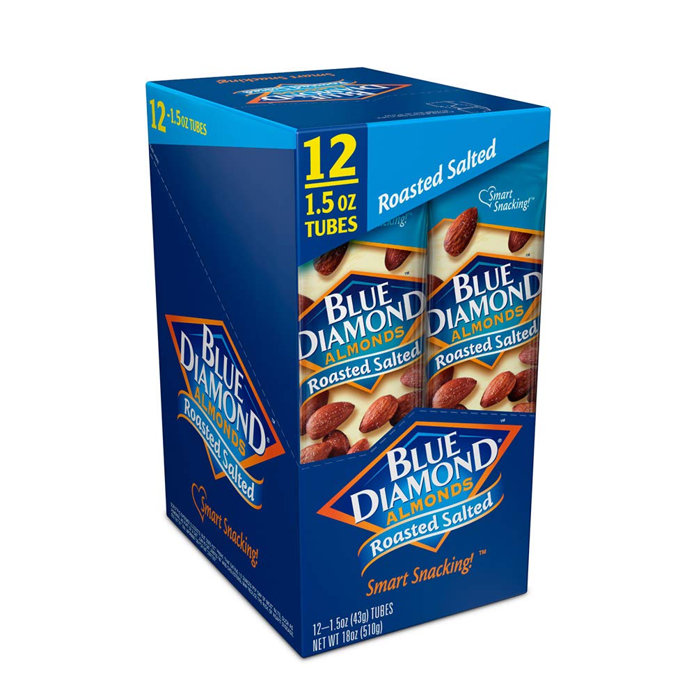 Blue Diamond Almonds packaging on a store shelf highlights resealable freshness.