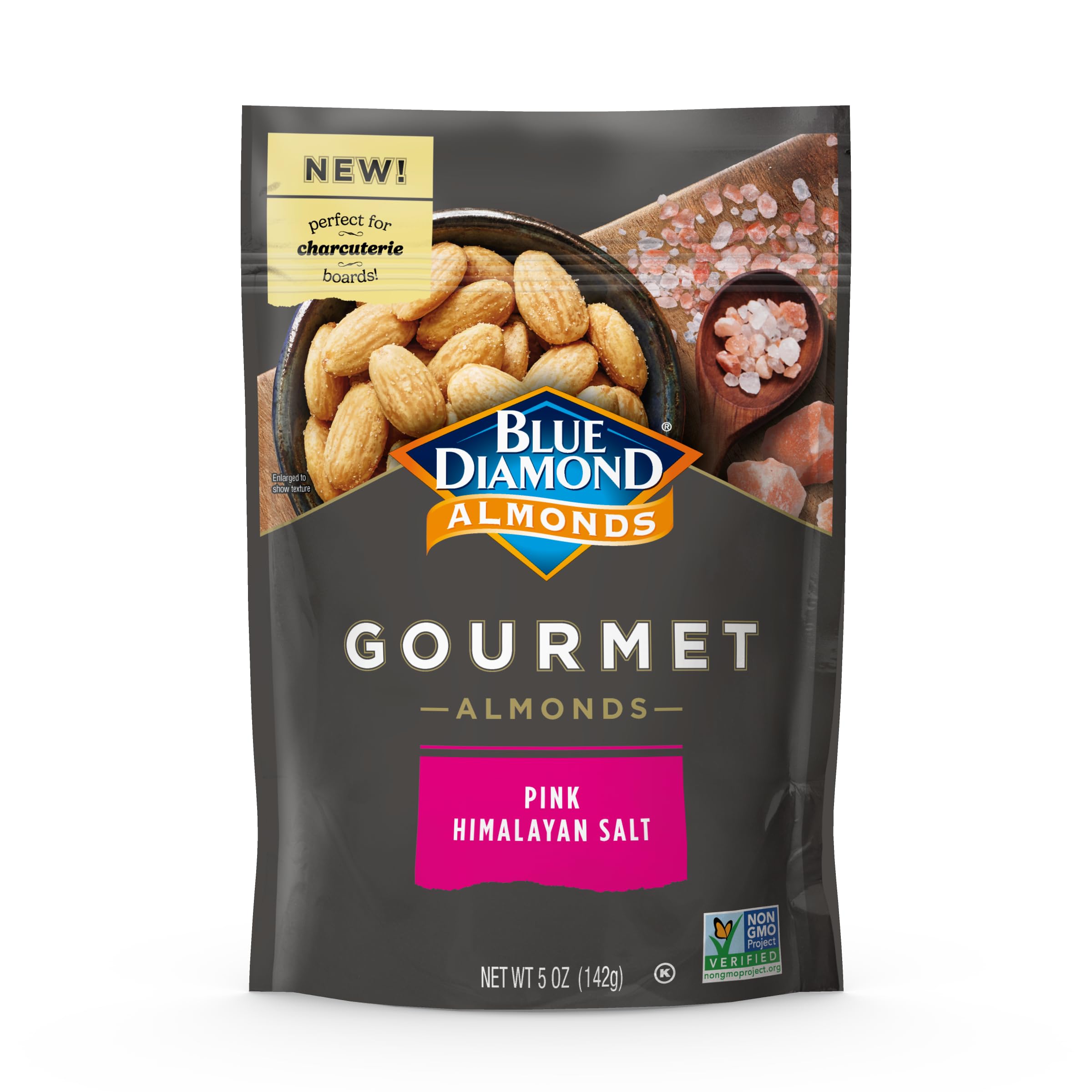 Blue Diamond Almonds pink Himalayan salt 5oz pack enhances snacking with savory crunch.