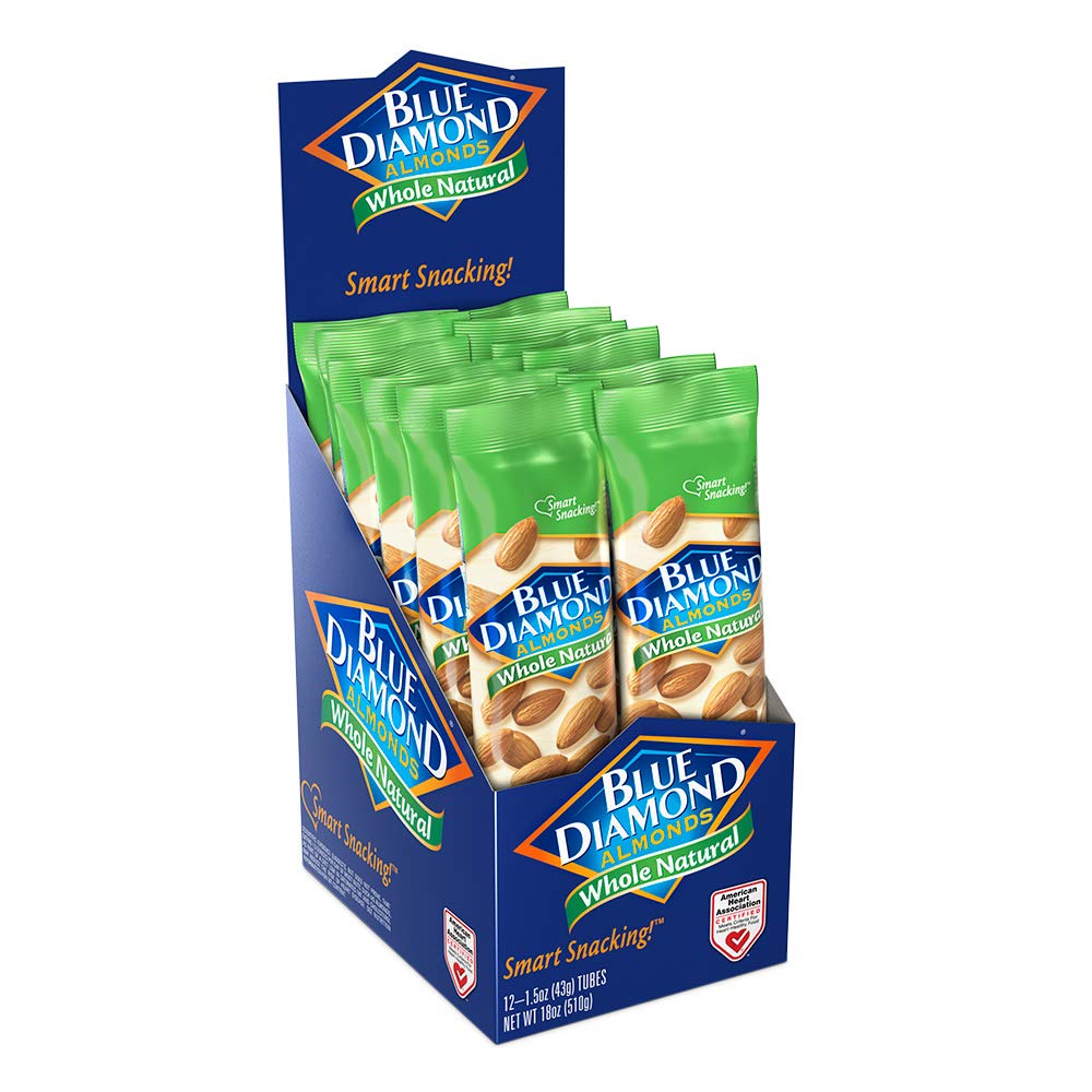 Blue Diamond Almonds nutrition panel shows 6g protein and 3g fiber per serving.