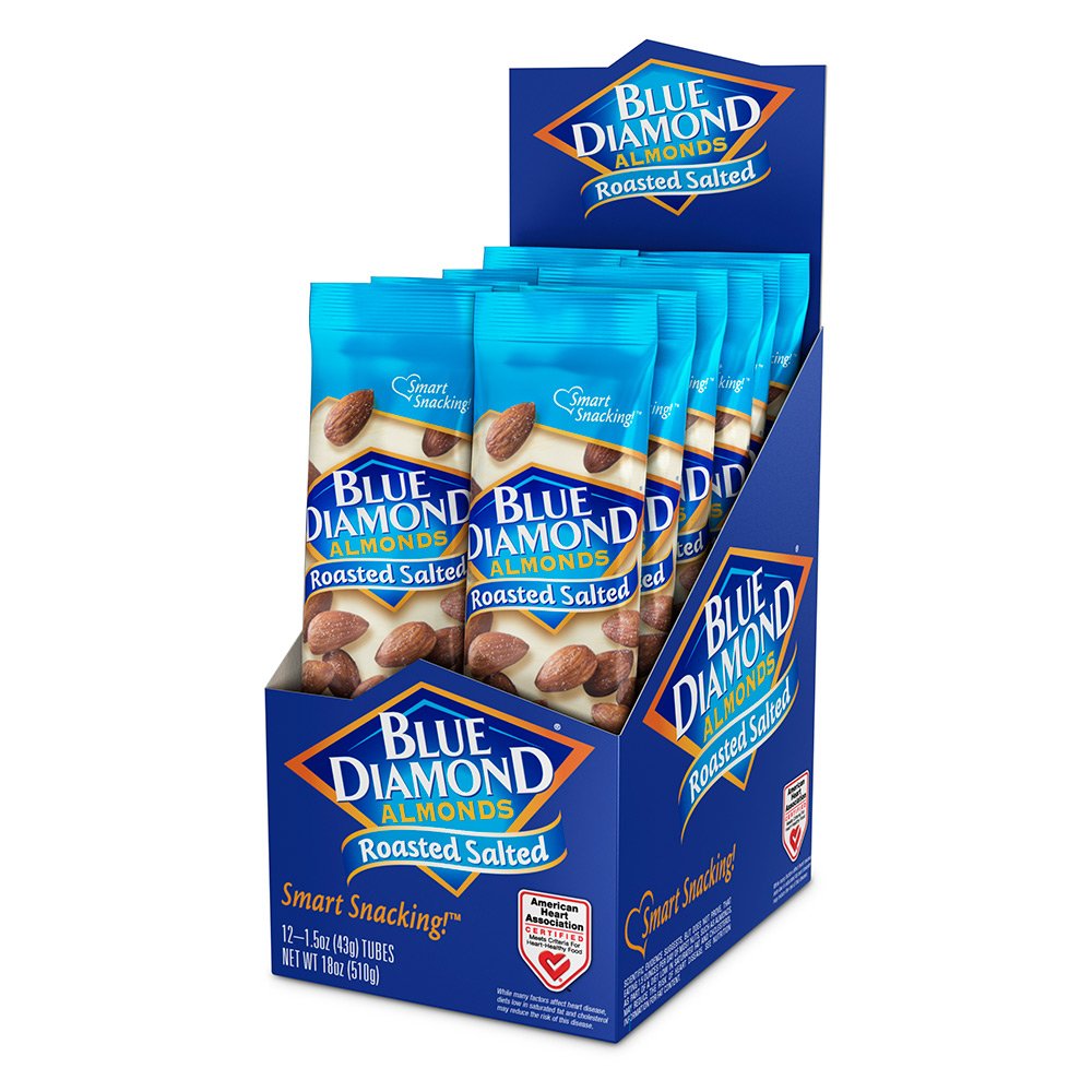 Blue Diamond Almonds in a resealable tube are ideal for travel snacks.