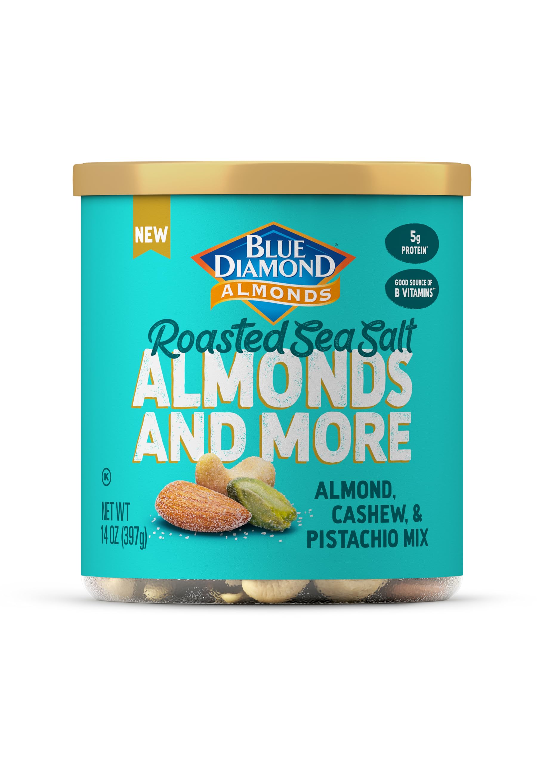 Blue Diamond Almonds deluxe roasted salted mix can, ready for on-the-go snacking.