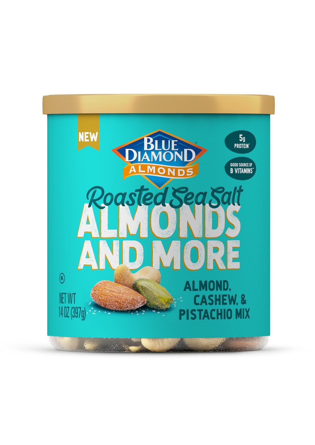 Blue Diamond Almonds deluxe roasted salted mix can, ready for on-the-go snacking.