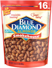 Blue Diamond Smokehouse almonds bag front, gluten-free snack ready to enjoy