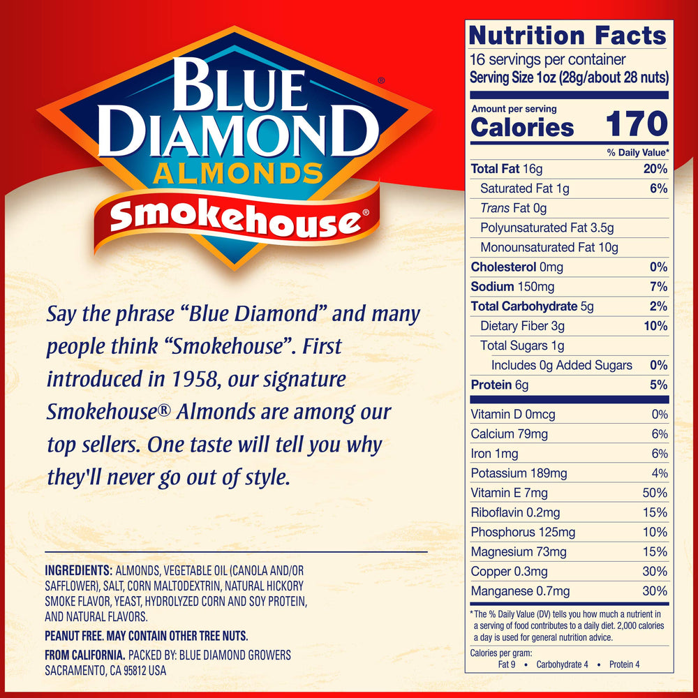 Blue Diamond Smokehouse almonds bag sealed for freshness, on-the-go snacking