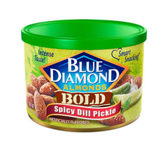 Blue Diamond Almonds Spicy Dill Pickle container close-up, bold flavor for a protein-rich on-the-go snack.