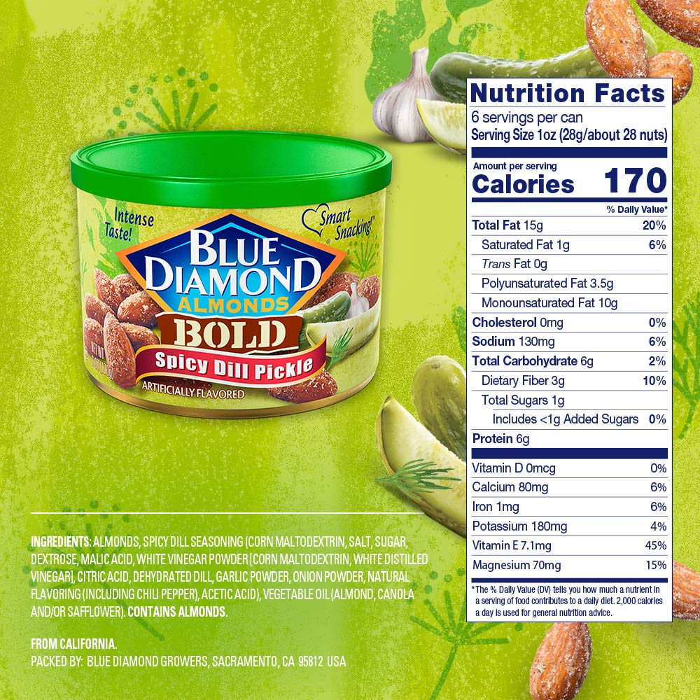 Blue Diamond Almonds Spicy Dill Pickle label, showcasing flavor profile for flavor discovery and pantry appeal.